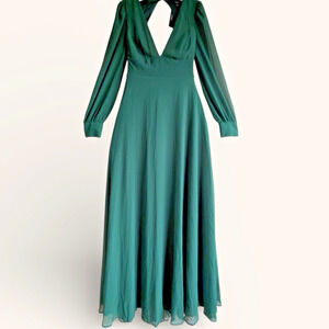Lulus Talk About Divine Hunter Green Chiffon Maxi Dress Open Back Tie SZ L NWT